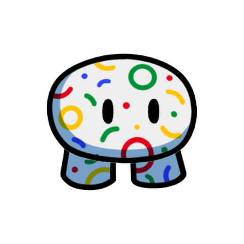 A cartoon of a white animal with colorful circles and dots Description automatically generated